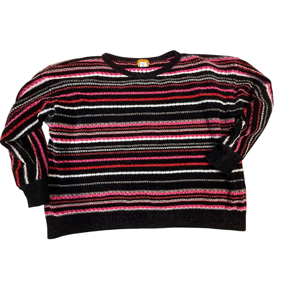 Ruby Rd.‎ Striped Sweater Knit Pullover Top Black Pink White XL